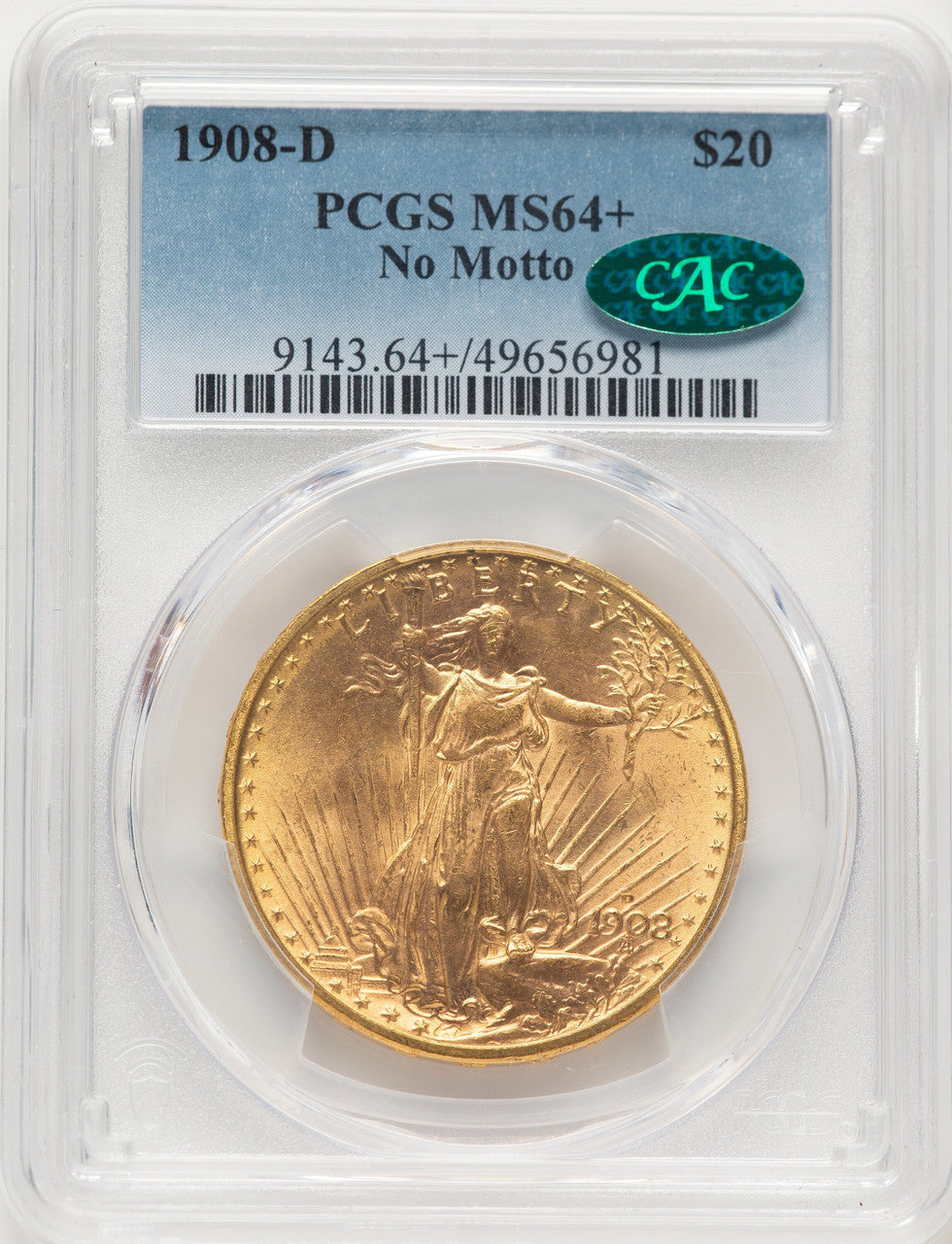 1908-D $20 NO MOTTO CAC Saint-Gaudens Double Eagle PCGS MS64+