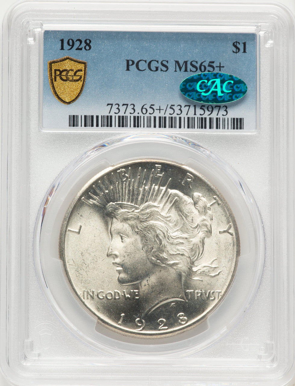 1928 CAC Peace Dollar PCGS MS65+