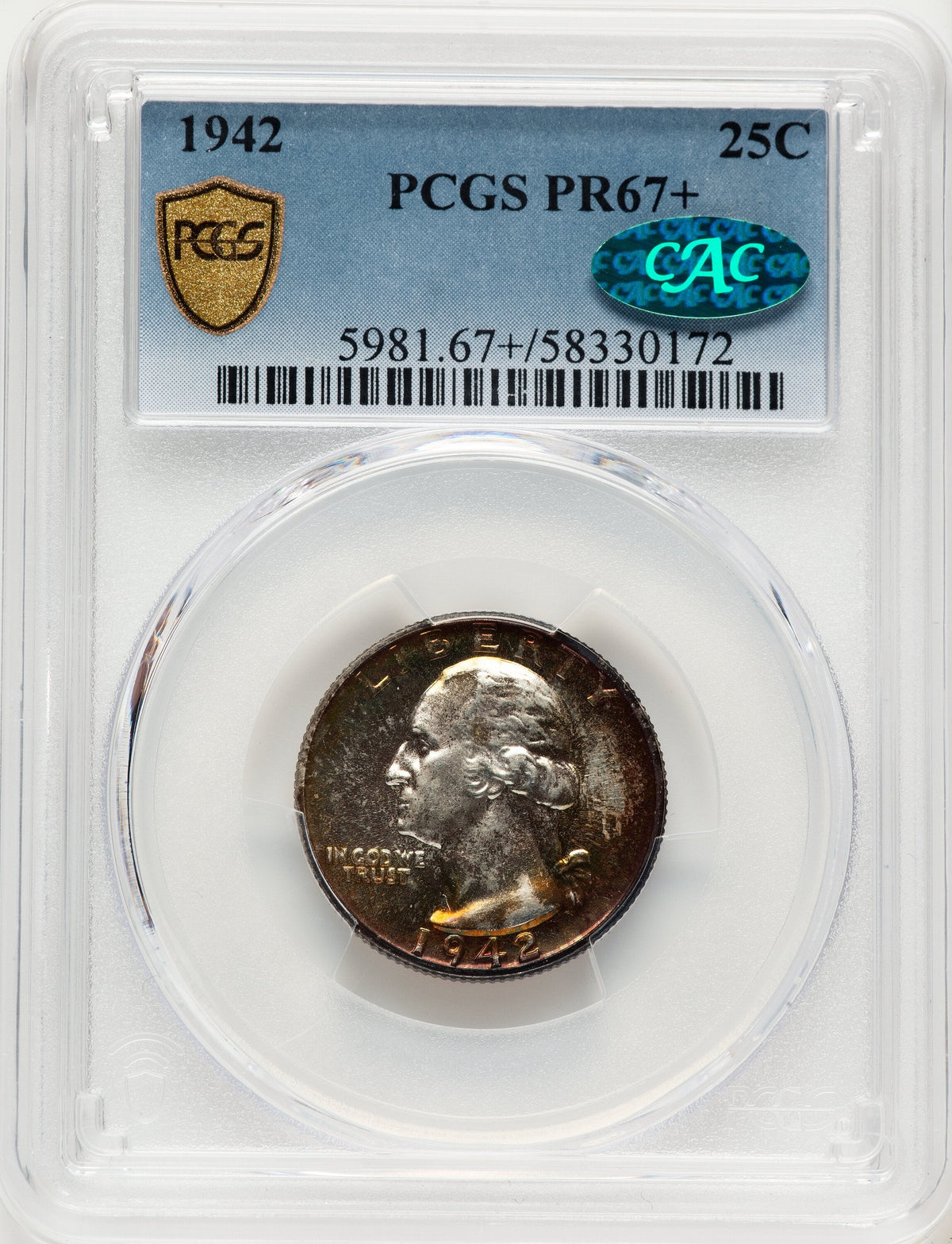 1942 25C CAC Proof Washington Quarter PCGS PR67+