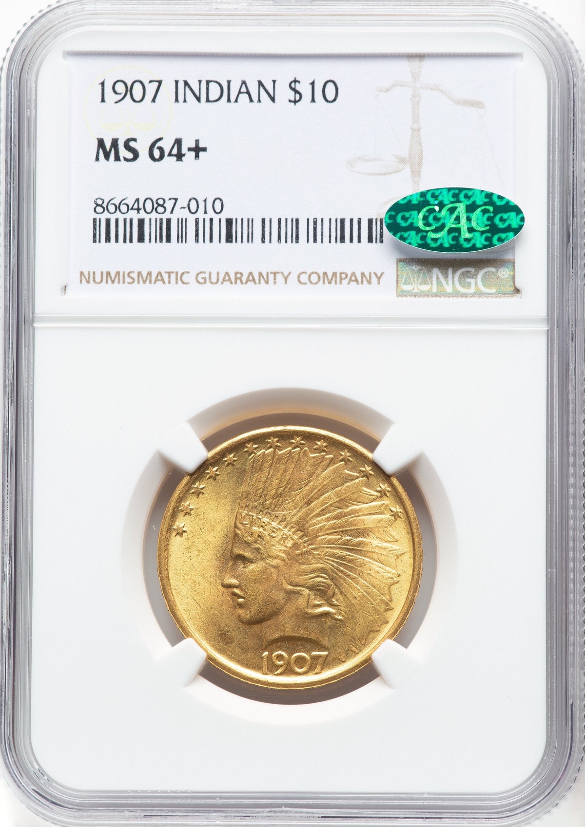 1907 $10 No Motto CAC Indian Eagle NGC MS64+