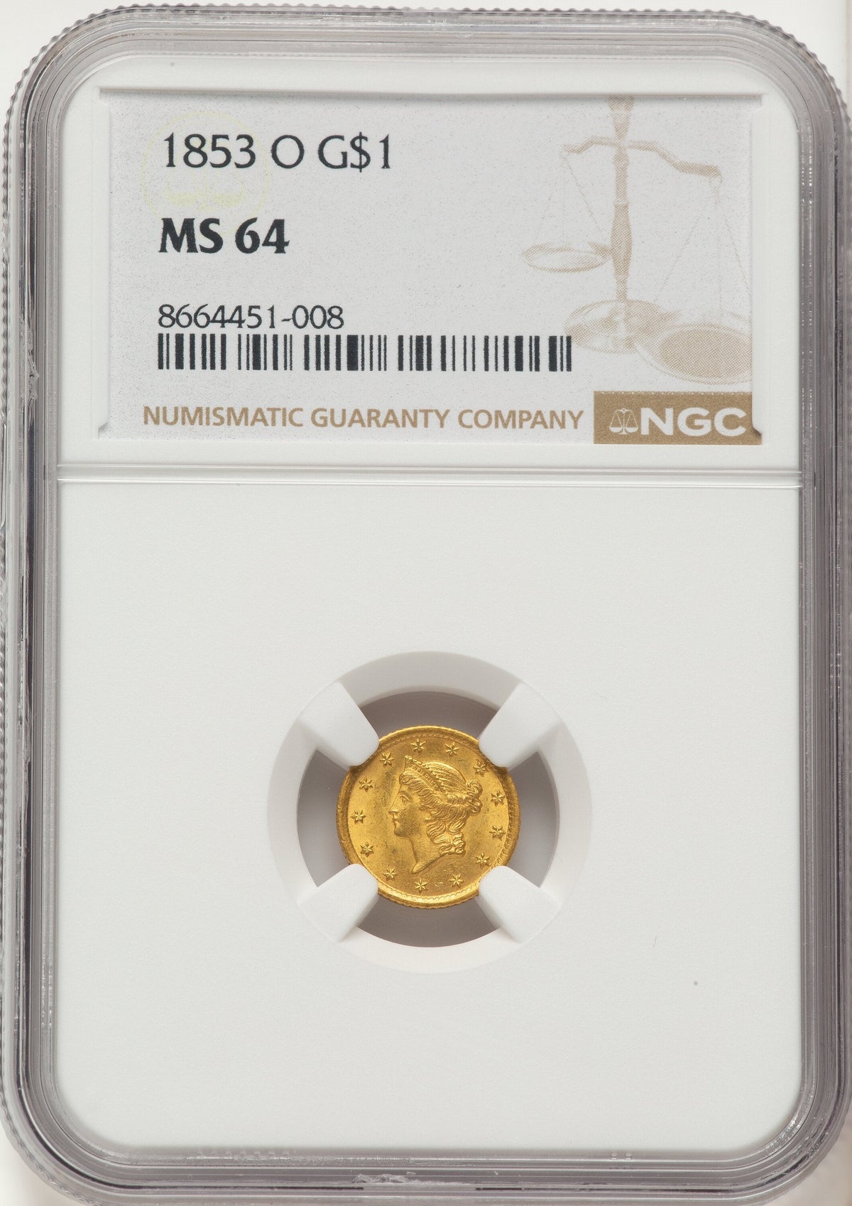 1853-O G$1 Gold Dollar NGC MS64