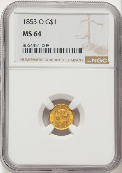 1853-O G$1 Gold Dollar NGC MS64