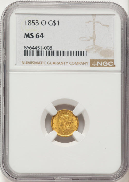 1853-O G$1 Gold Dollar NGC MS64