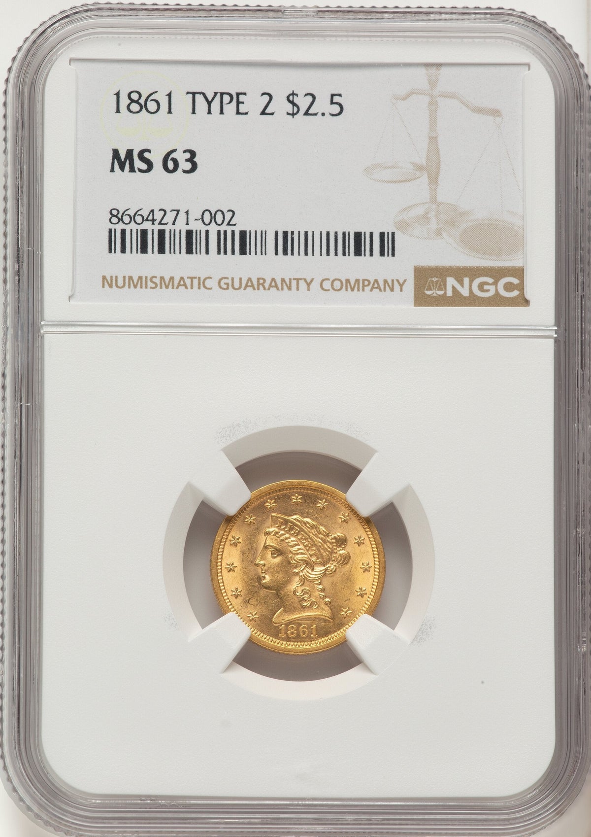 1861 $2.50 New Reverse Type 2 Liberty Quarter Eagle NGC MS63