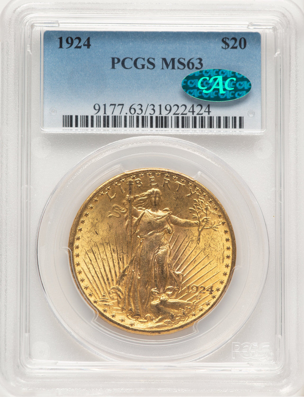 1924 $20 Saint CAC Saint-Gaudens Double Eagle PCGS MS63