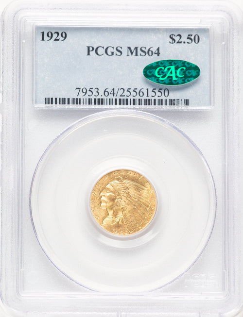 1929 $2.50 CAC Indian Quarter Eagle PCGS MS64