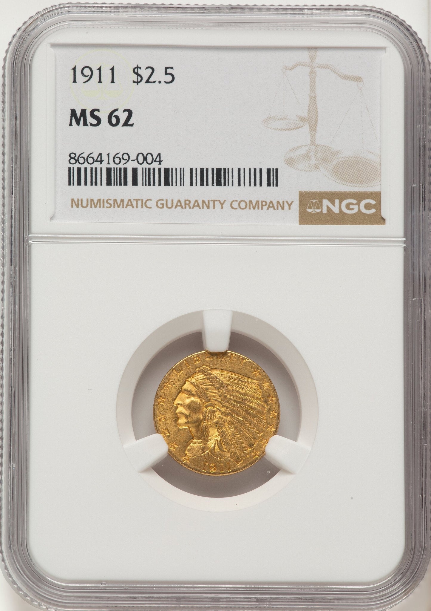 1911 $2.50 Indian Quarter Eagle NGC MS62