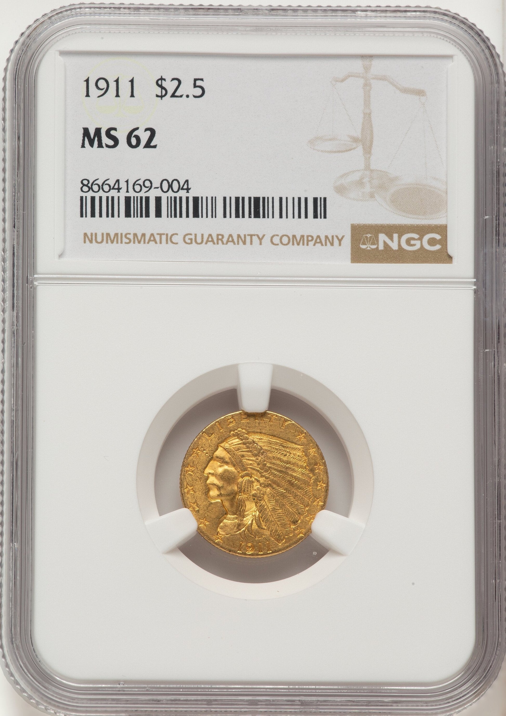 1911 $2.50 Indian Quarter Eagle NGC MS62