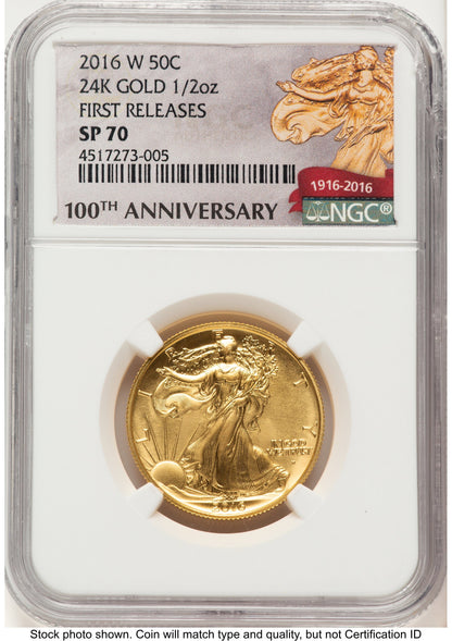 2016-W 50C Walking Liberty 100th Anniversary Gold Centennial FR 100th Anniversary NGC MS70
