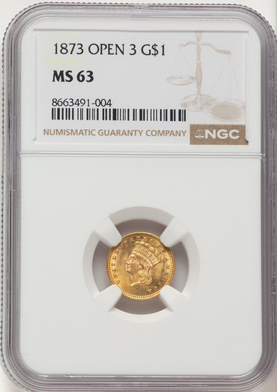 1873 G$1 OPEN 3 Gold Dollar NGC MS63