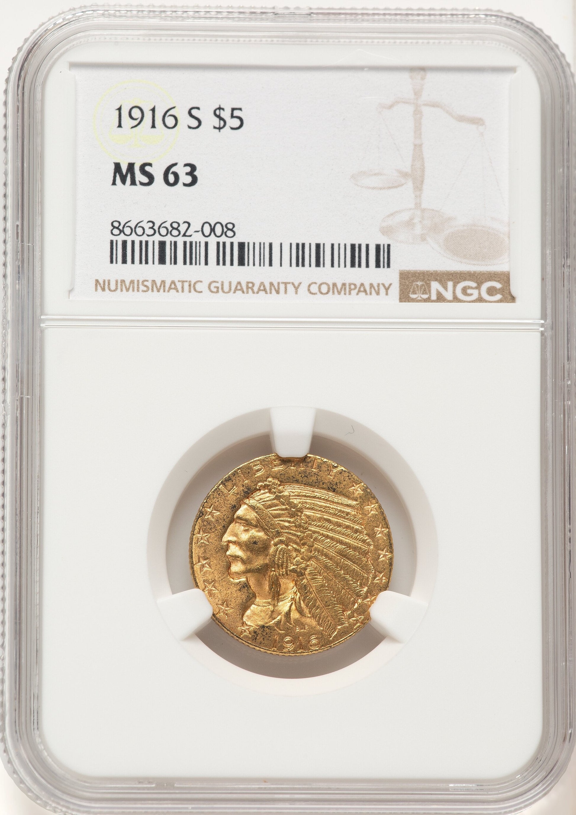 1916-S $5 Indian Half Eagle NGC MS63