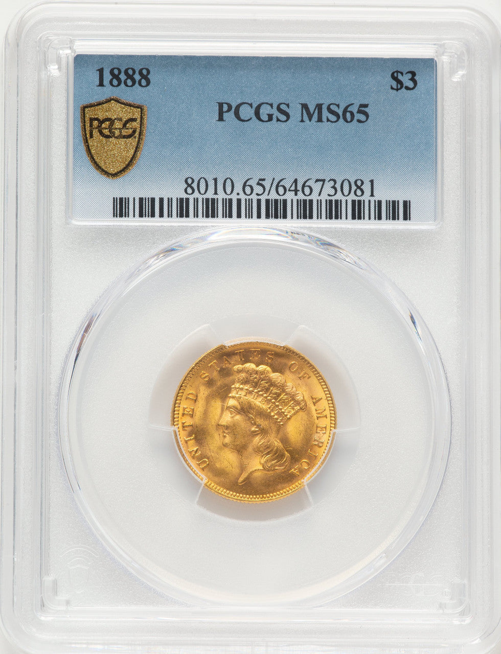 1888 $3 Three Dollar Gold Pieces PCGS MS65
