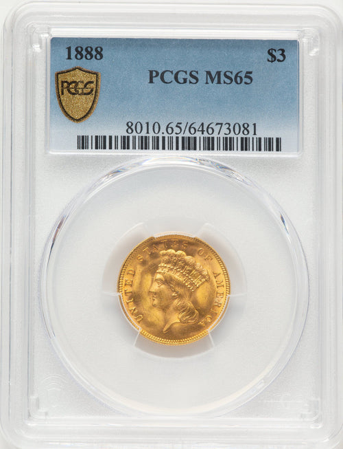 1888 $3 Three Dollar Gold Pieces PCGS MS65