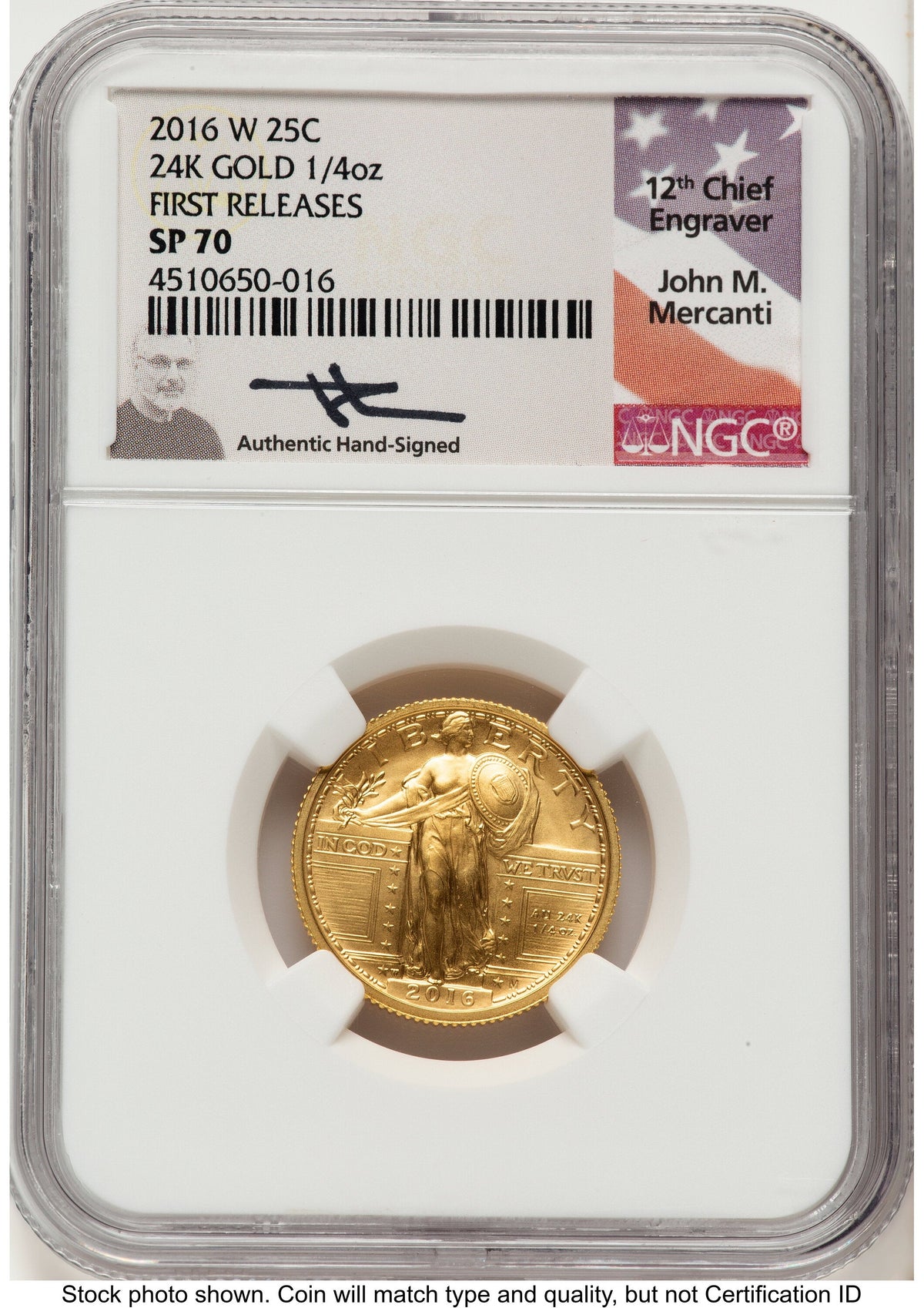 2016-W 25C Standing Liberty 100th Anniversary Gold Centennial FR John NGC MS70 Mercanti