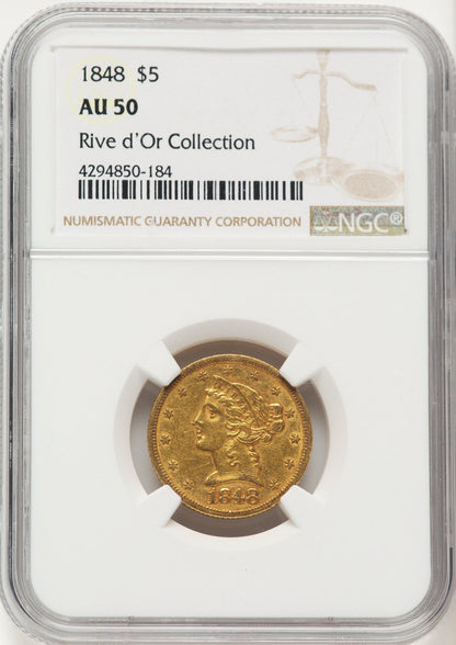 1848 $5 Liberty Half Eagle NGC AU50