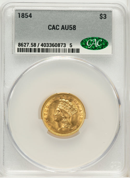 1854 $3 Three Dollar Gold Pieces CACG AU58