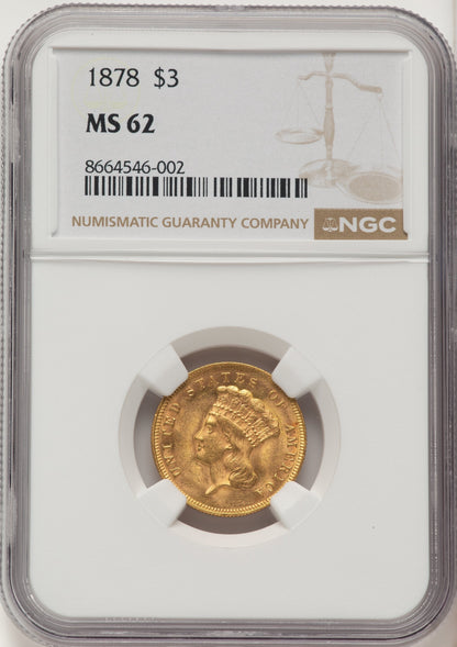 1878 $3 Three Dollar Gold Pieces NGC MS62