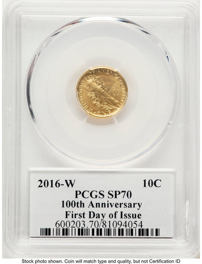 2016-W 10C Mercury Dime 100th Anniversary Gold Centennial FDI John Mercury Dime PCGS MS70 Mercanti