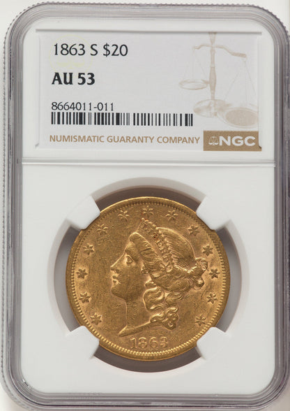 1863-S $20 Liberty Double Eagle NGC AU53