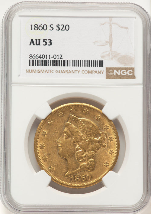 1860-S $20 Liberty Double Eagle NGC AU53