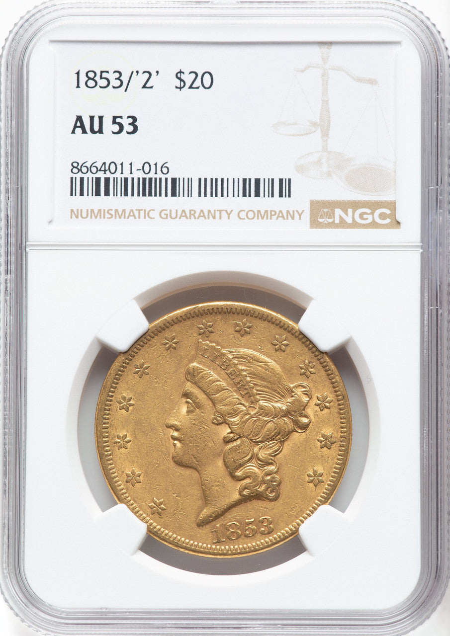 1853/2 $20 Liberty Double Eagle NGC AU53