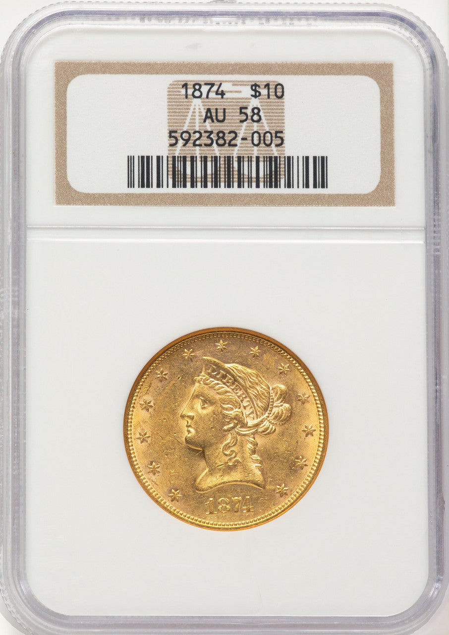 1874 $10 Liberty Eagle NGC AU58