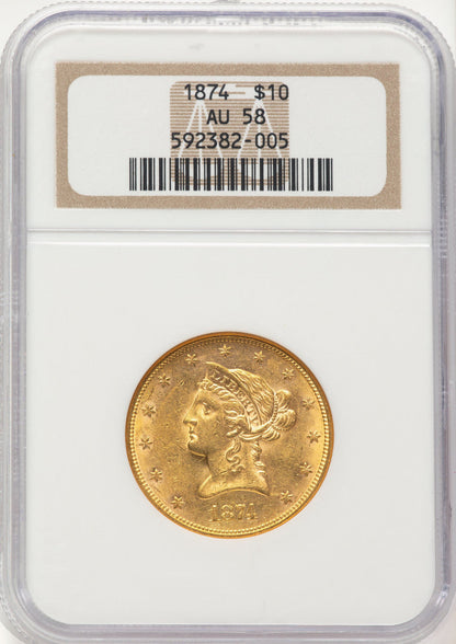 1874 $10 Liberty Eagle NGC AU58