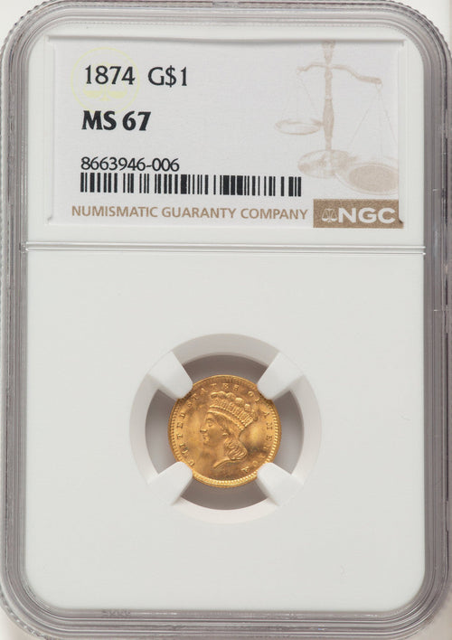1874 G$1 Gold Dollar NGC MS67