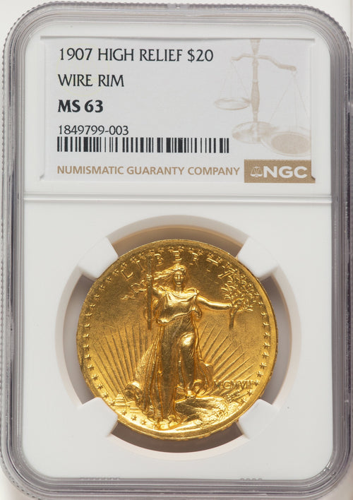 1907 $20 Wire Rim High Relief Double Eagle NGC MS63