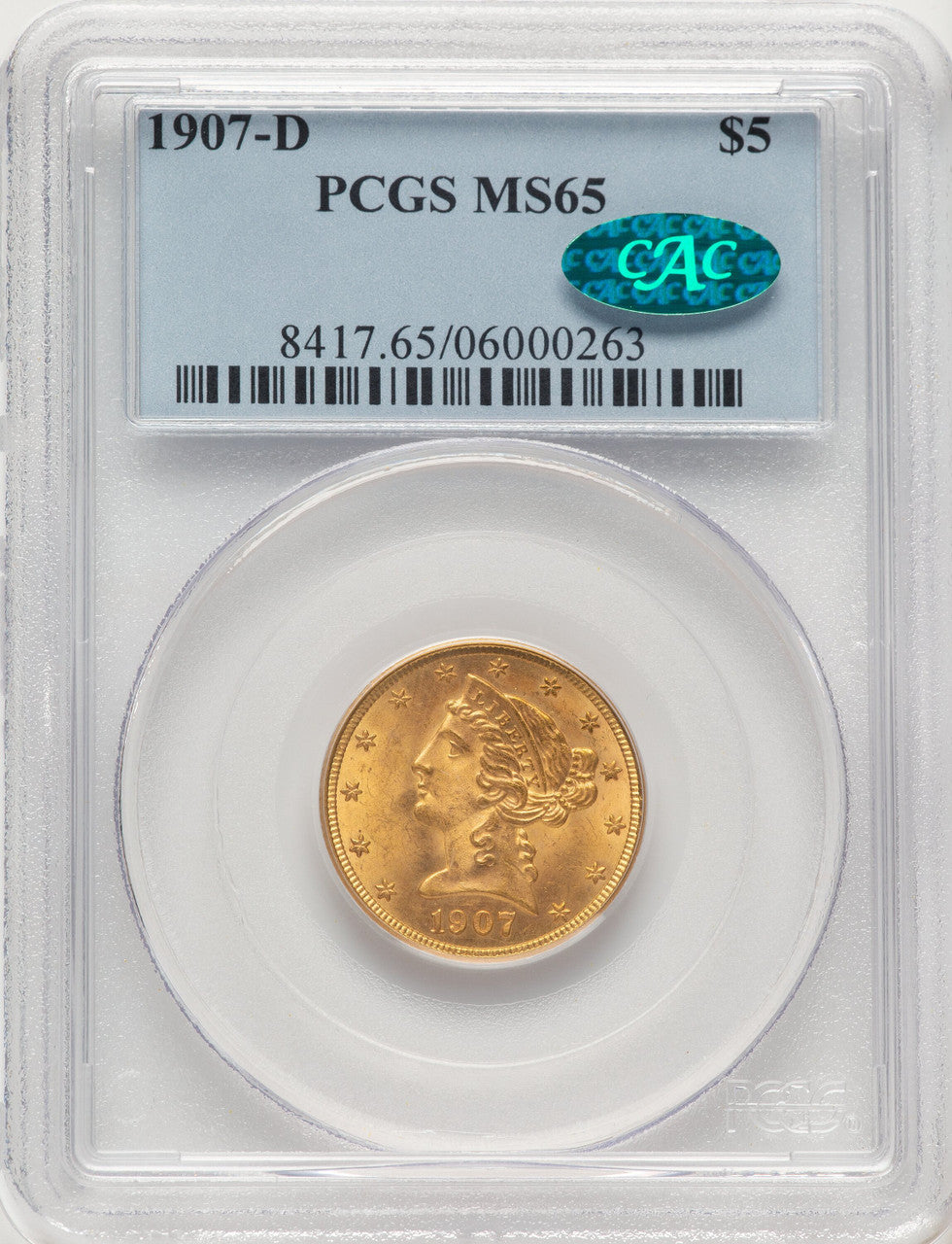 1907-D $5 CAC Liberty Half Eagle PCGS MS65