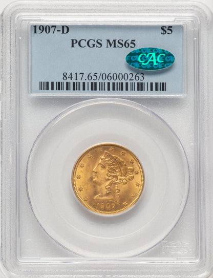1907-D $5 CAC Liberty Half Eagle PCGS MS65
