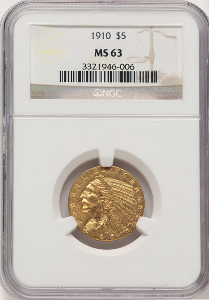 1910 $5 Indian Half Eagle NGC MS63