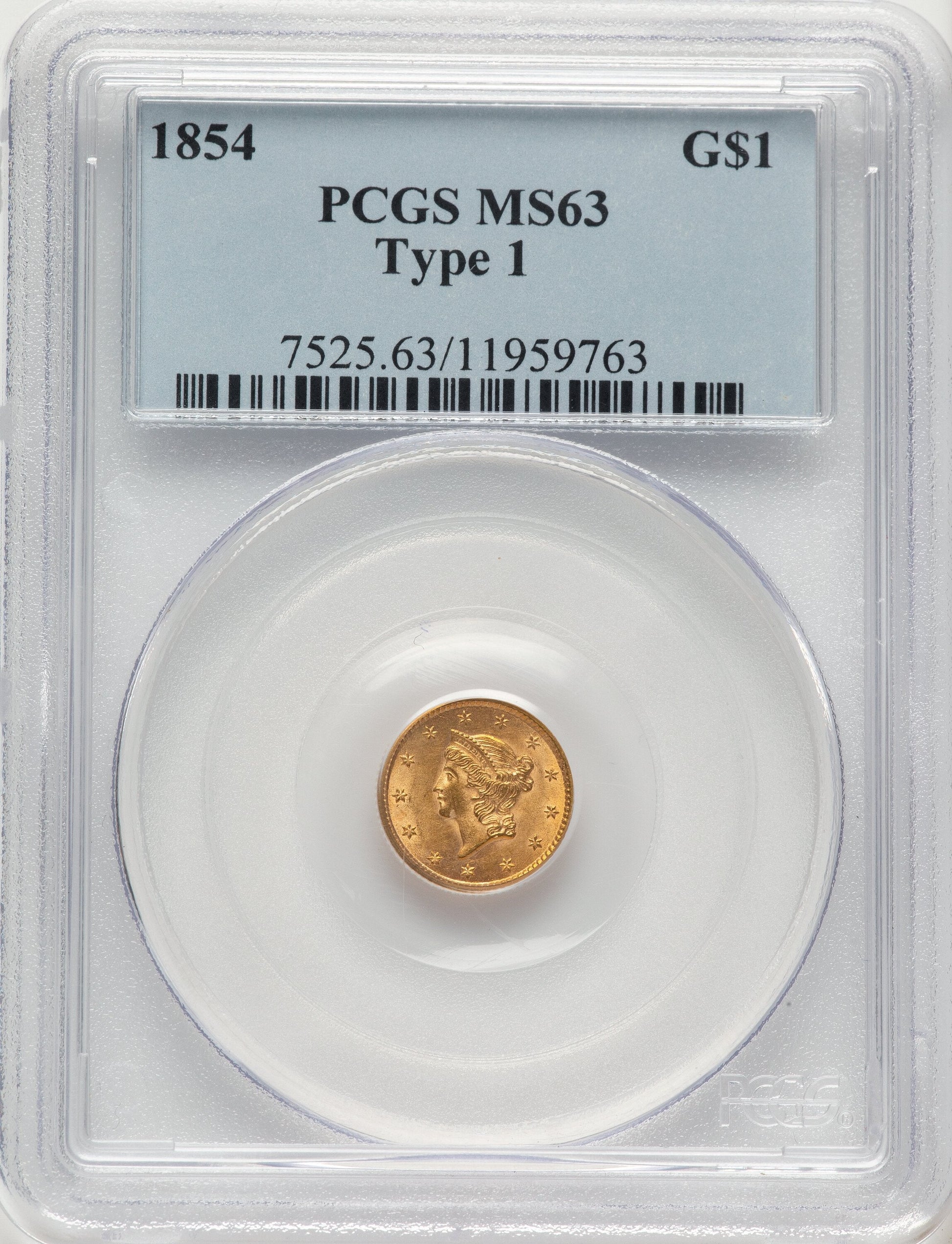 1854 G$1 T-1 Gold Dollar PCGS MS63