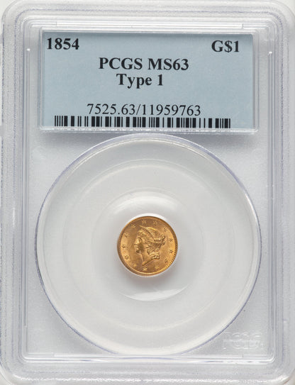 1854 G$1 T-1 Gold Dollar PCGS MS63