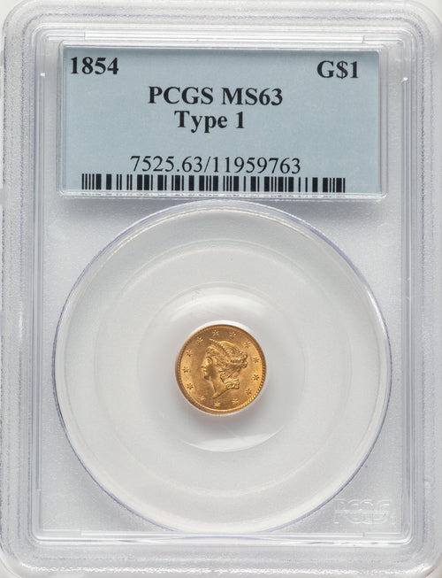 1854 G$1 T-1 Gold Dollar PCGS MS63