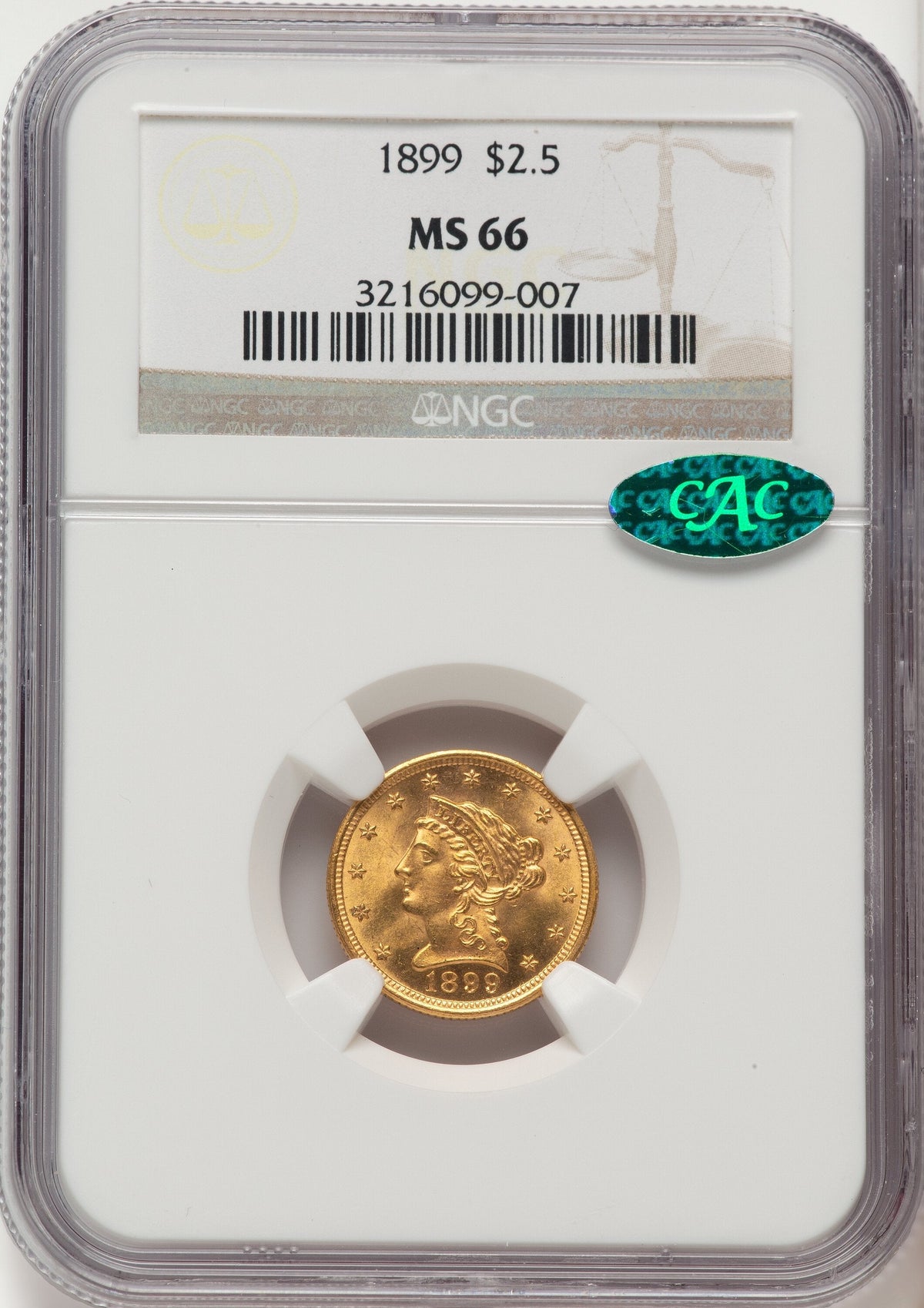 1899 $2.50 CAC Liberty Quarter Eagle NGC MS66
