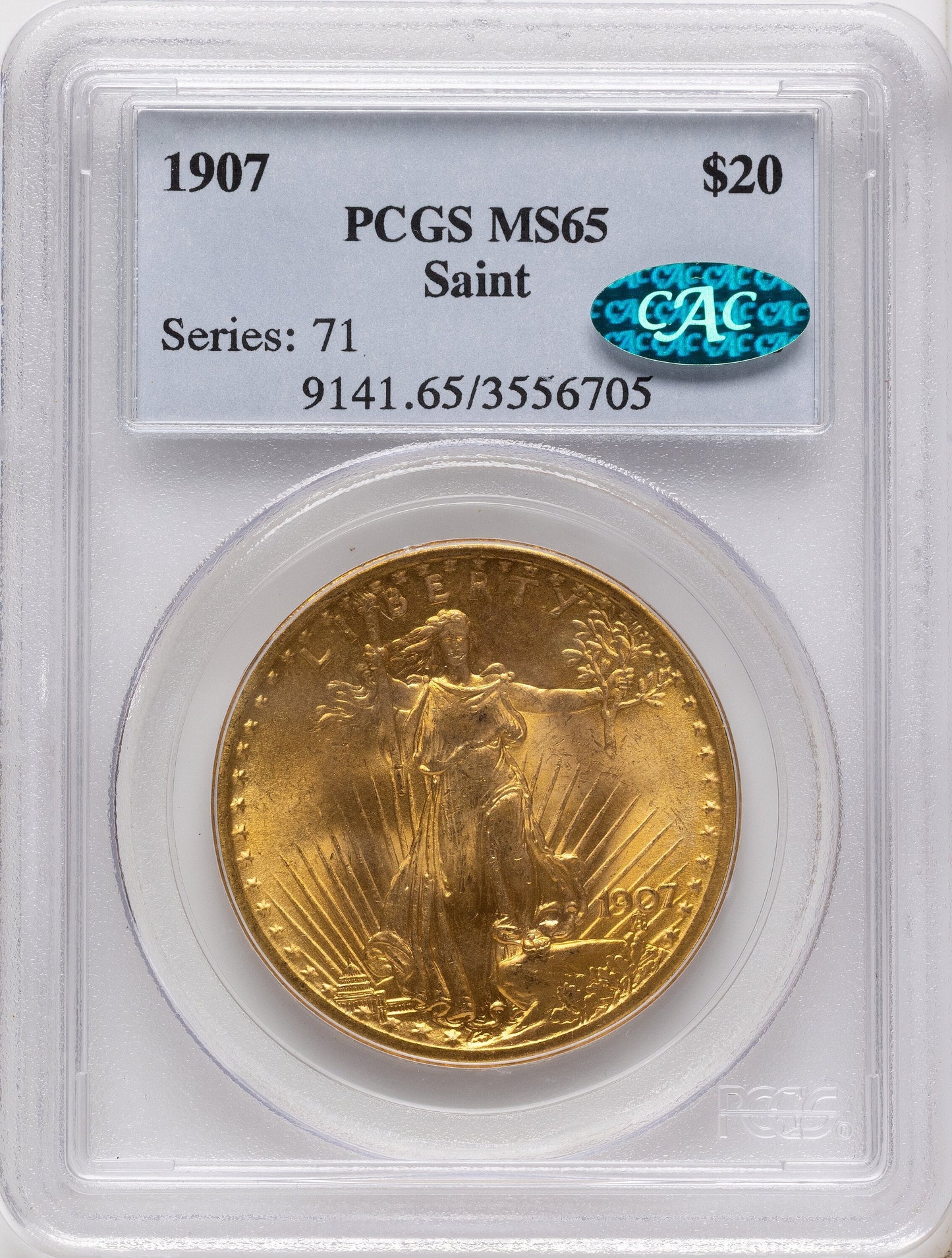 1907 $20 Saint CAC Saint-Gaudens Double Eagle PCGS MS65