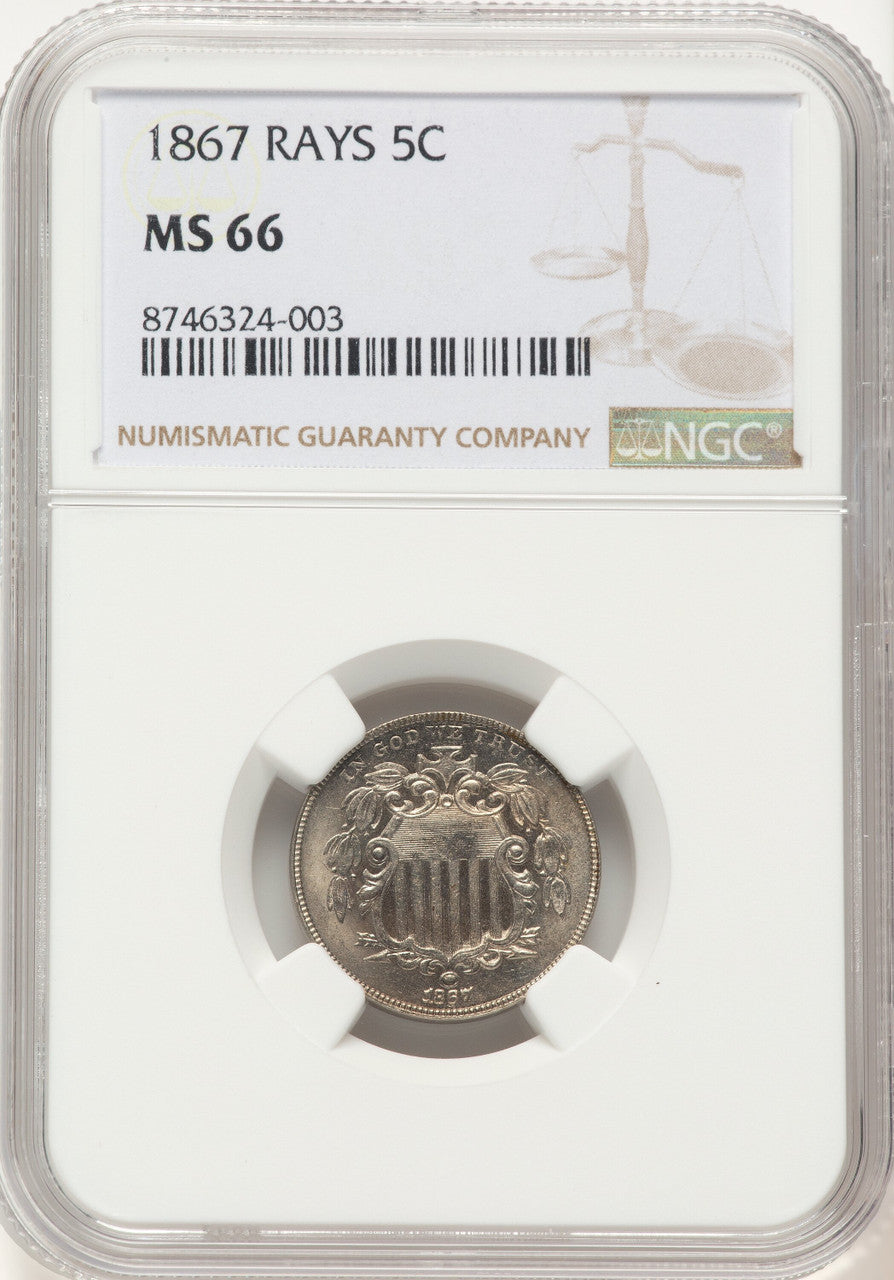1867 5C RAYS Shield Nickel NGC MS66