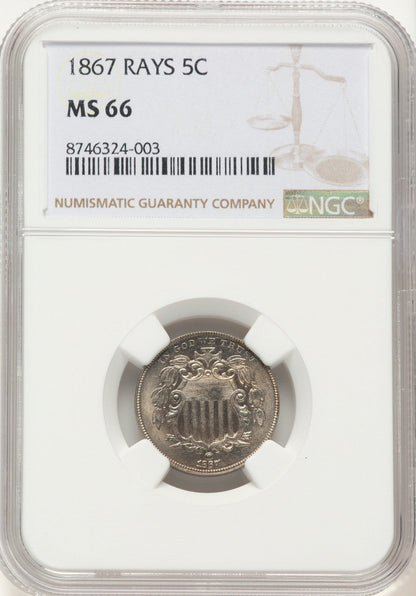 1867 5C RAYS Shield Nickel NGC MS66