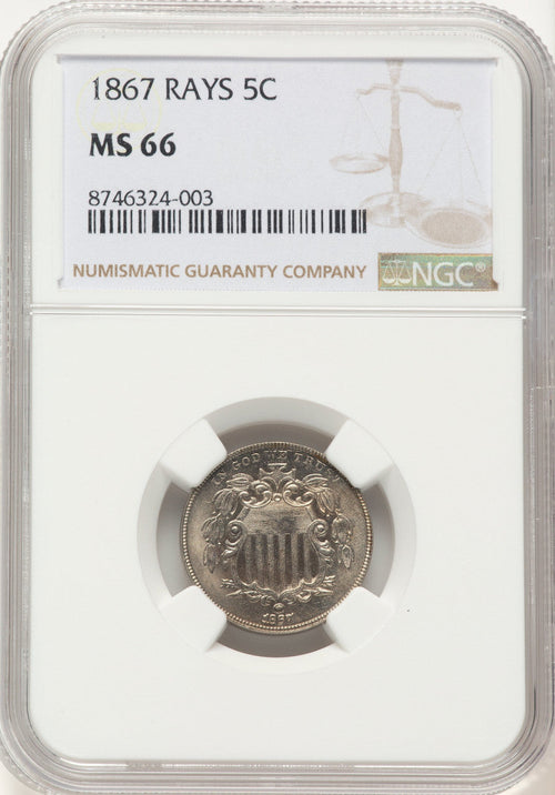 1867 5C RAYS Shield Nickel NGC MS66