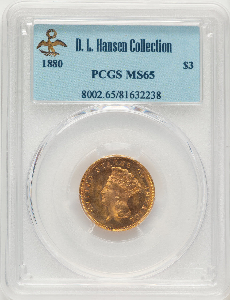 1880 $3 Three Dollar Gold Pieces PCGS MS65
