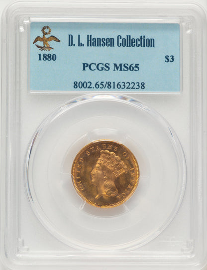 1880 $3 Three Dollar Gold Pieces PCGS MS65