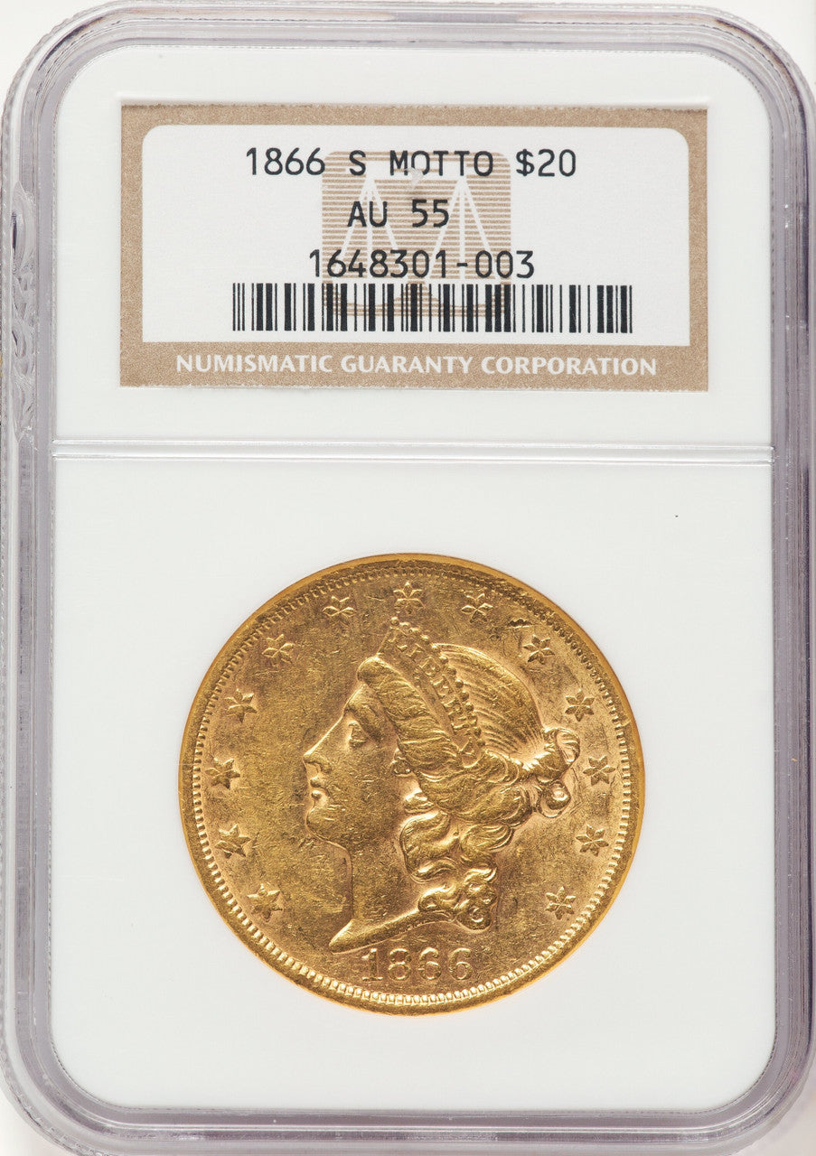 1866-S $20 MOTTO Liberty Double Eagle NGC AU55