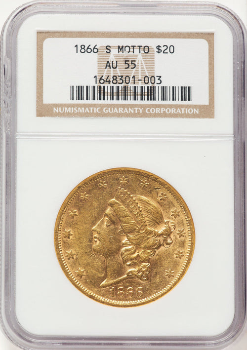 1866-S $20 MOTTO Liberty Double Eagle NGC AU55