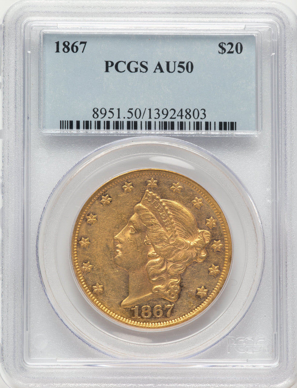 1867 $20 Liberty Double Eagle PCGS AU50
