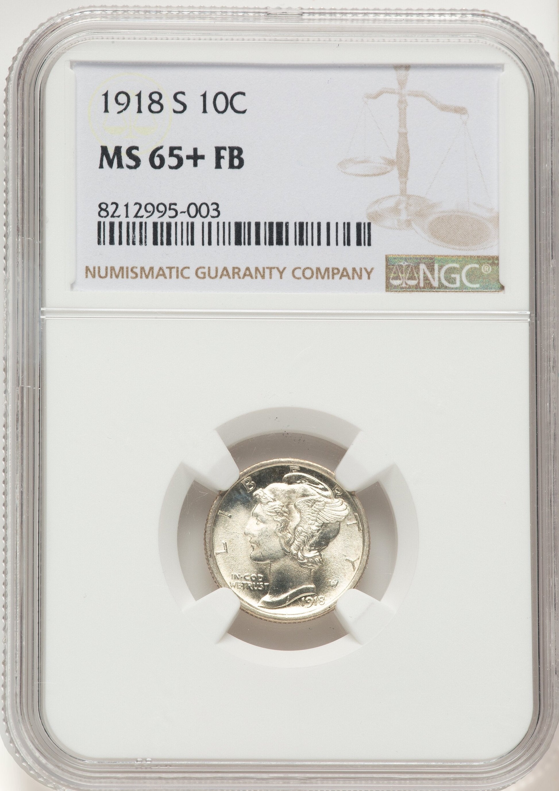 1918-S 10C FB Mercury Dime NGC MS65+