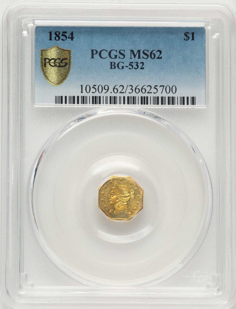 1854 Liberty Octagonal 1 Dollar BG-532 Low R.4 California Fractional Gold PCGS MS62