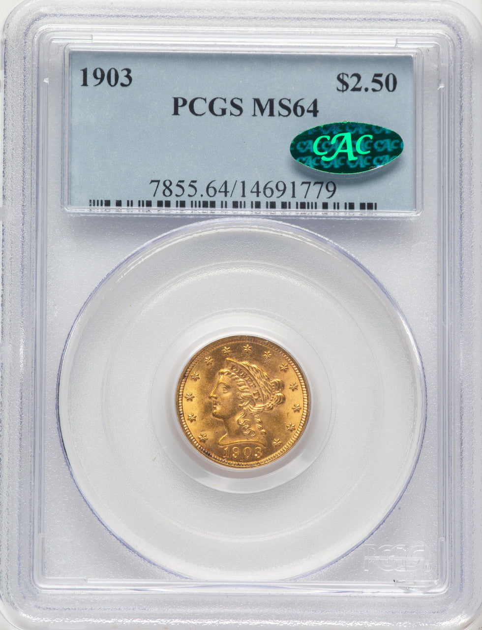 1903 $2.50 CAC Liberty Quarter Eagle PCGS MS64