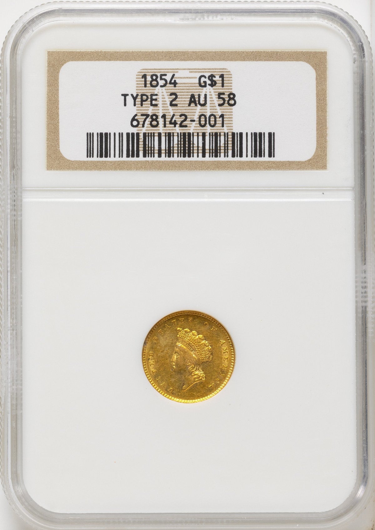 1854 G$1 Type Two Gold Dollar NGC AU58