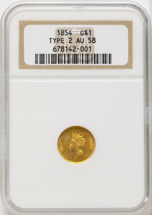 1854 G$1 Type Two Gold Dollar NGC AU58